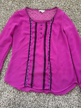 Candie's Fuchsia Long Sleeve Lace-Back Blouse with Trim